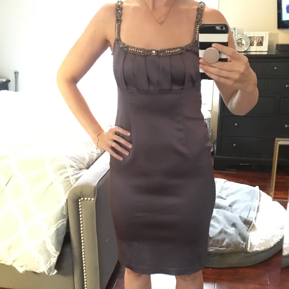 David Meister Jeweled Neckline Satin Dress